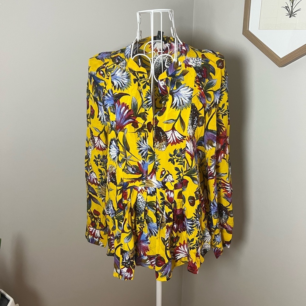 J Crew 100% Silk Autumn Color Pleated Popover Top Blouse Gold Floral Print XS - Picture 3 of 6